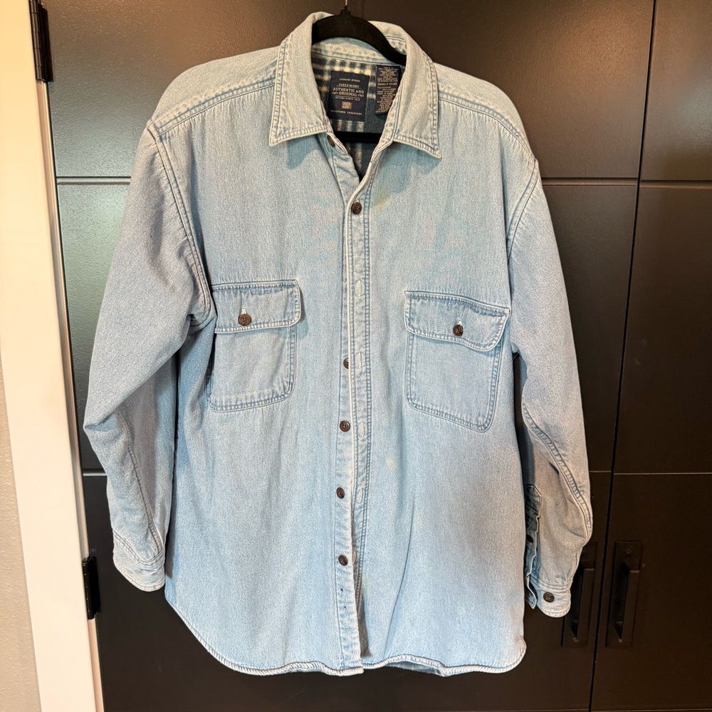 Vintage Faded Glory Blue Plaid Fleece Lined Button Down Denim Shirt Large